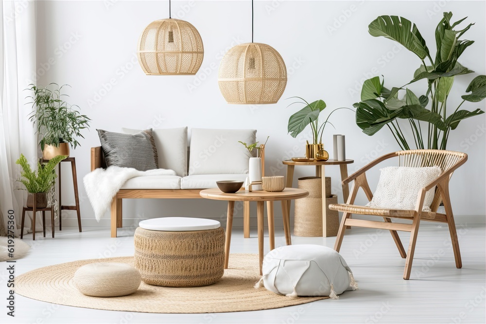 Fototapeta premium cozy living room filled with lush plants and comfortable furniture
