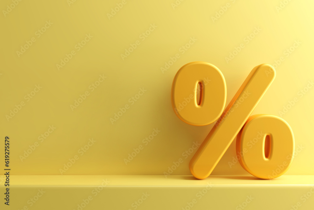 Percentage icon, percent sign on yellow background. with copy space. 3D rendering illustration. - obrazy, fototapety, plakaty 
