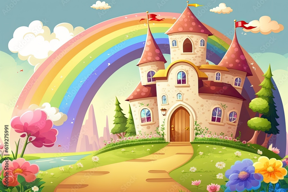 majestic castle with a vibrant rainbow in the background. Generative AI