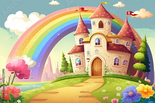 majestic castle with a vibrant rainbow in the background. Generative AI © 2rogan