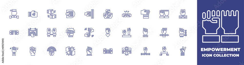 Empowerment line icon collection. Editable stroke. Vector illustration. Containing fist, fists, punch, protest, friendship, slave, fight, fist bump, movement, human rights, slavery, freedom, and more.