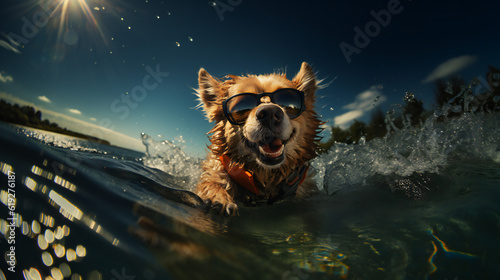 海でバカンスを楽しむサングラスをかけた犬