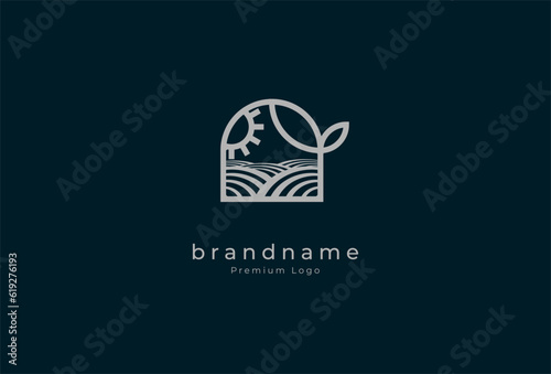 Green house Logo Design, minimalist house with leaf, sun and agricultural land in line art logo style, vector illustration