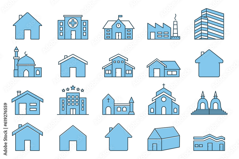 Building set icon. Contains House icon, home, hospital, office building, hotel, factory, school, mosque, church and more. Flat line icon style design. Simple vector design editable Building set icon. Contains House icon, home, hospital, office building, hotel, factory, school, mosque, church and more. Flat line icon style design. Simple vector design editable