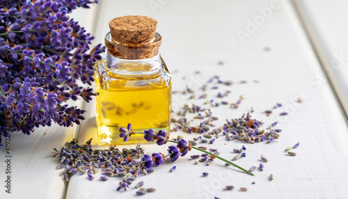 Fototapeta Naklejka Na Ścianę i Meble -  Glass bottle of Lavender essential oil with fresh lavender flowers and dried lavender seeds on white wooden rustic table, aromatherapy spa massage concept. Lavendula oleum