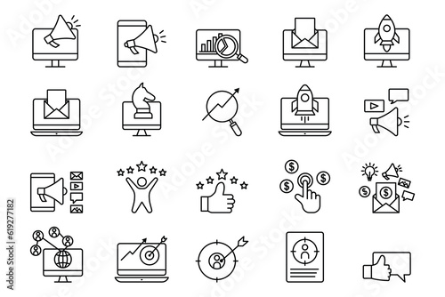 Digital marketing set icon. Contains analyst icons, email marketing, seo, marketing strategy, social marketing, feed back and others. Line icon style design. Simple vector design editable