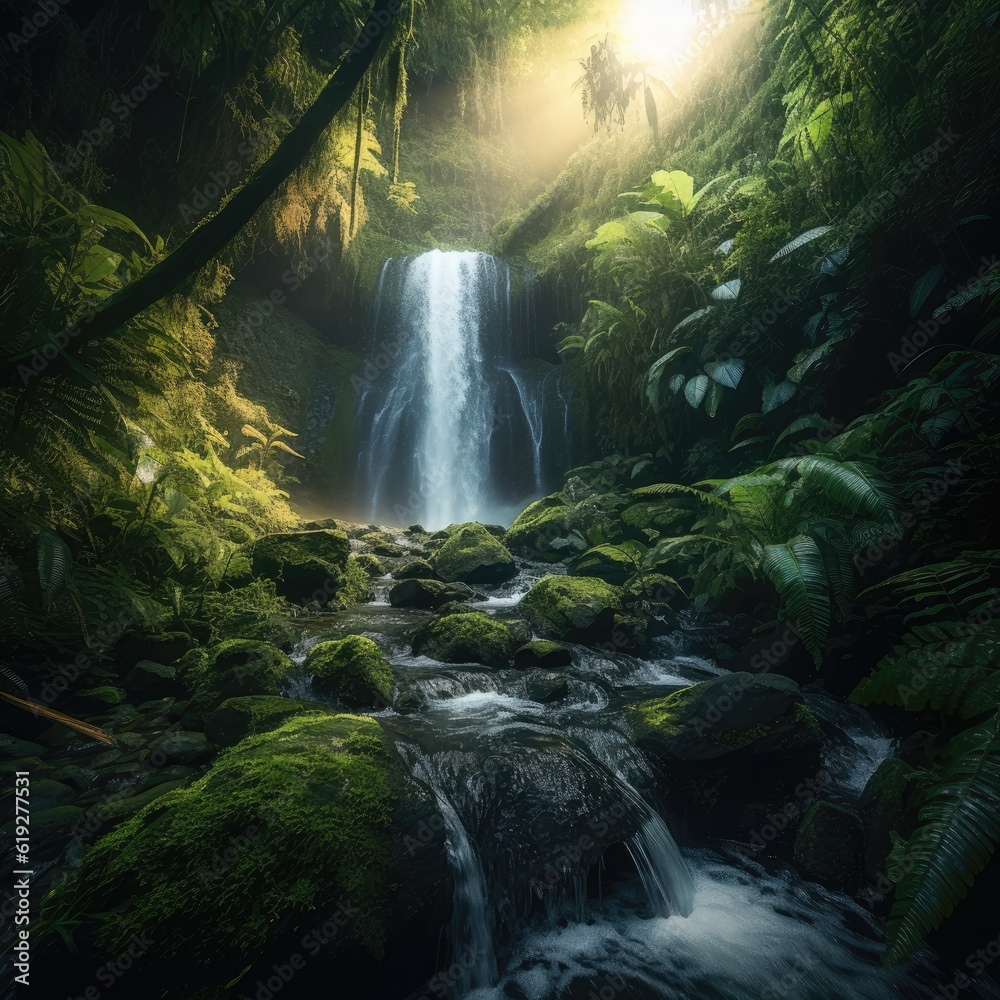 Majestic waterfall surrounded by lush vegetation generative AI