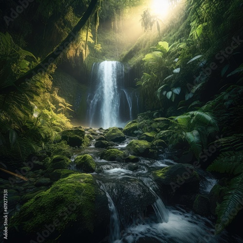 Majestic waterfall surrounded by lush vegetation generative AI
