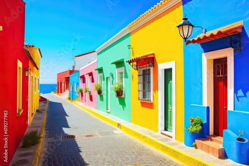 Illustration of Colorful row houses on a street