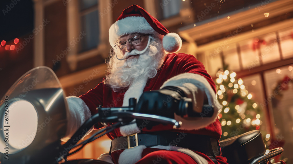 A close-up shot of Santa Claus delivering presents while riding a scooter. The scene is set in a residential area, with houses and streetlights visible in the background.