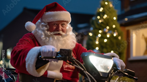 A close-up shot of Santa Claus delivering presents while riding a scooter. The scene is set in a residential area, with houses and streetlights visible in the background.