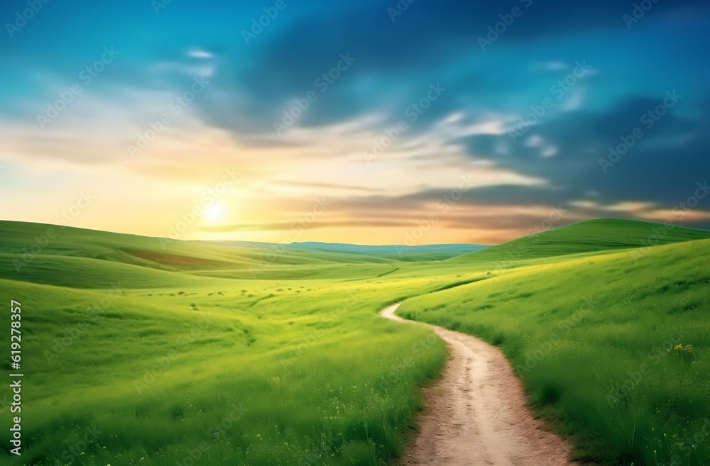 Fototapeta premium Picturesque winding path through a green grass field in hilly area in morning at dawn against blue sky with clouds