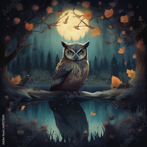 Illustrate a nocturnal forest setting with an owl perched on a branch overlooking a serene pond