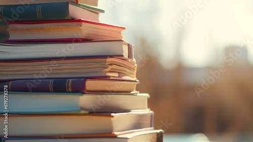 Close up of books stacked, blur background, copy space © tashechka