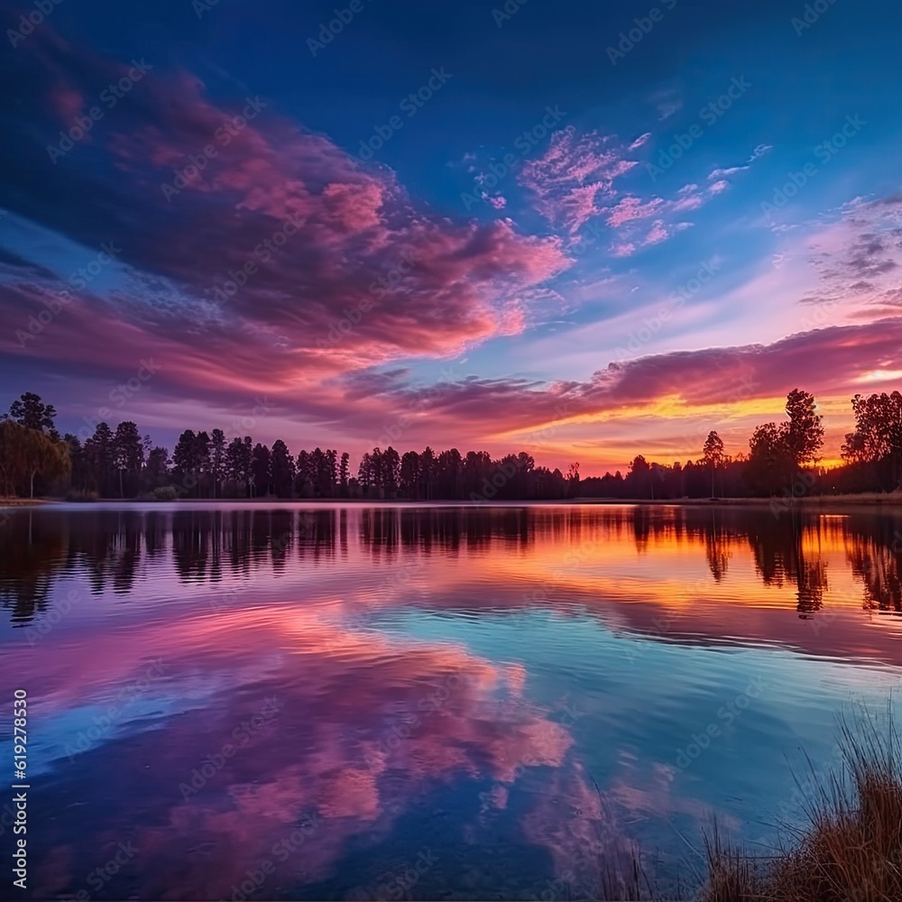 Peaceful lake reflecting a vibrant sunset sky 