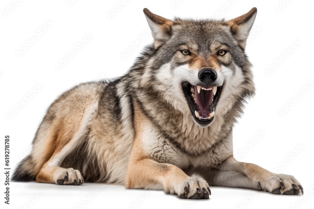 wolf resting with its mouth open in a forest. Generative AI