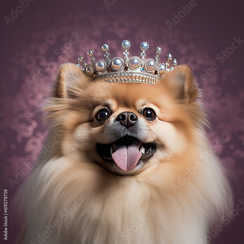 Pomeranian adorned with a crown and jewels exuding royalty 