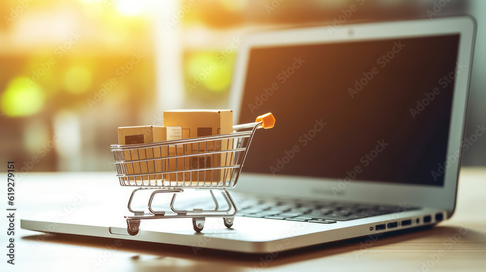 Model shopping cart and laptop keyboard on wood table in office. Morning sunlight Model shopping cart and laptop keyboard on wood table in office. Morning sunlight