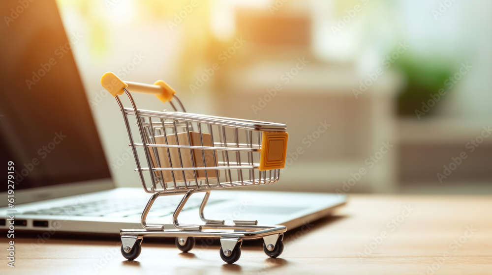 Model shopping cart and laptop keyboard on wood table in office. Morning sunlight