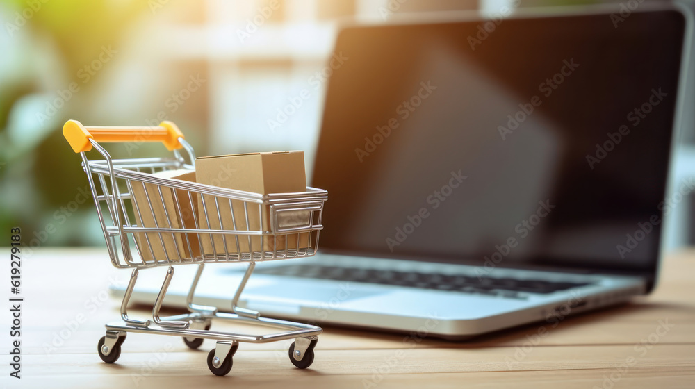 Model shopping cart and laptop keyboard on wood table in office. Morning sunlight