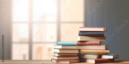 One stack of large books, copy space, morning sunlight.  © tashechka