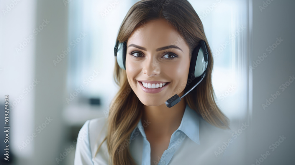 Confident businesswoman in a sleek headset sits at her workstation, ready to assist customers with a friendly smile. Confident businesswoman in a sleek headset sits at her workstation, ready to assist customers with a friendly smile.