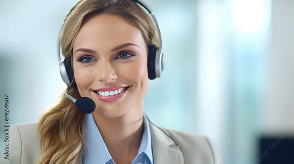 Confident businesswoman in a sleek headset sits at her workstation, ready to assist customers with a friendly smile. Confident businesswoman in a sleek headset sits at her workstation, ready to assist customers with a friendly smile.