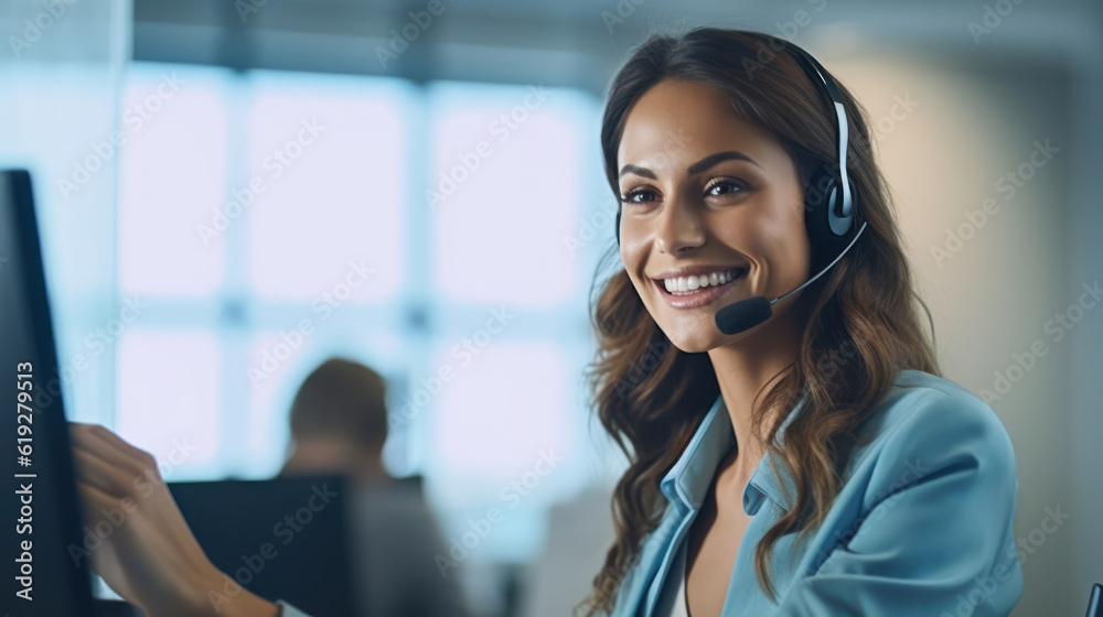 Confident businesswoman in a sleek headset sits at her workstation, ready to assist customers with a friendly smile. Confident businesswoman in a sleek headset sits at her workstation, ready to assist customers with a friendly smile.
