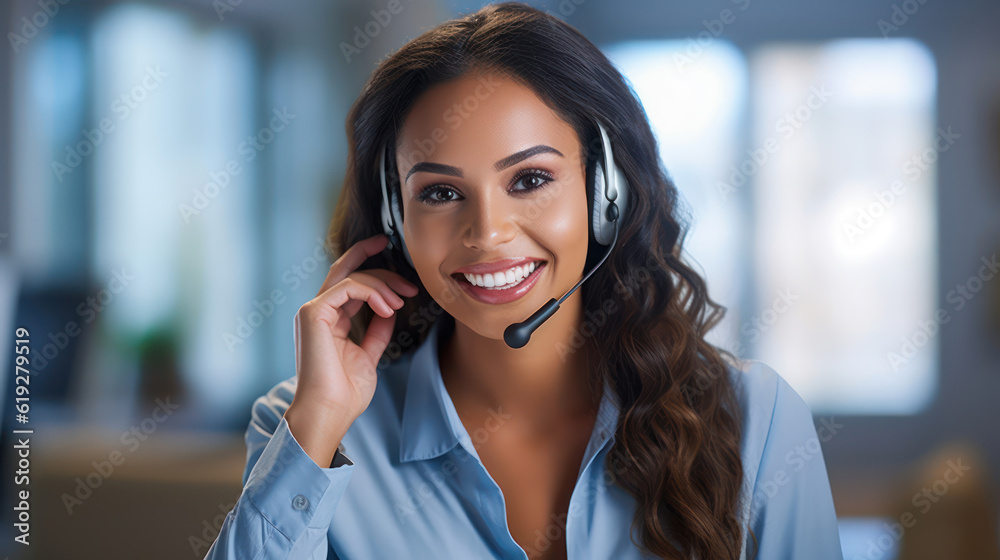 Confident businesswoman in a sleek headset sits at her workstation, ready to assist customers with a friendly smile. Confident businesswoman in a sleek headset sits at her workstation, ready to assist customers with a friendly smile.