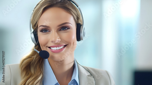 Confident businesswoman in a sleek headset sits at her workstation, ready to assist customers with a friendly smile. 