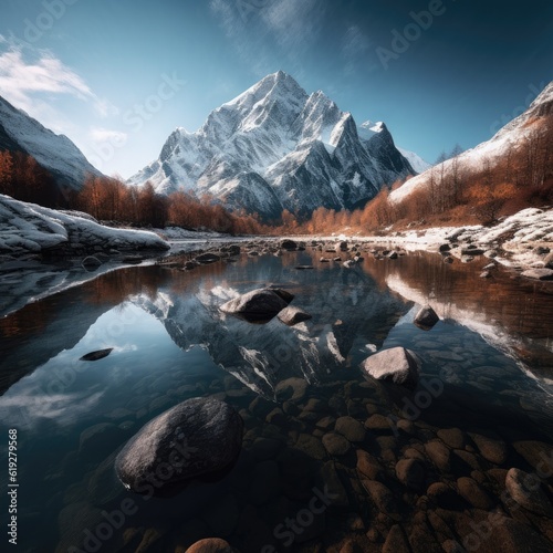 Snowcapped peaks reflecting in a tranquil alpine lake generative AI 