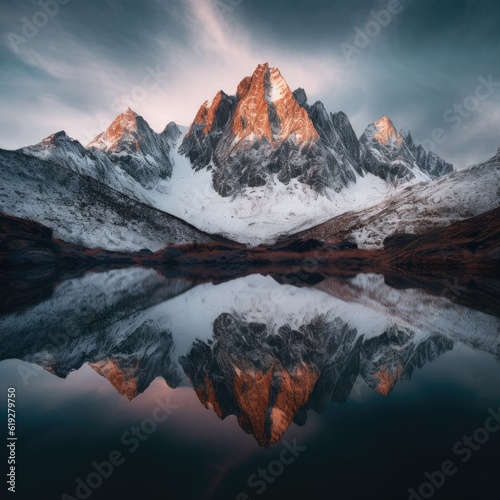 Snowy mountain peaks reflecting in a mirrorlike lake 