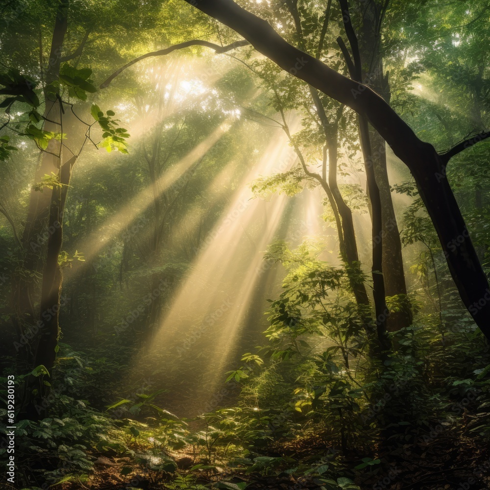 Obraz premium Sunbeams breaking through a dense forest canopy 