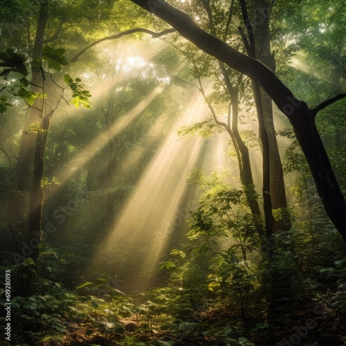 Sunbeams breaking through a dense forest canopy 