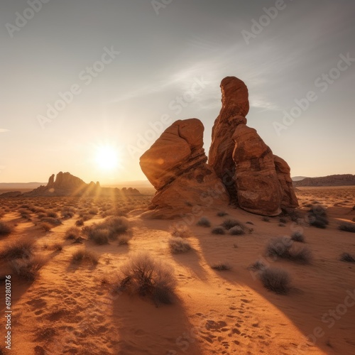 Sun setting behind iconic rock formations in the desert 