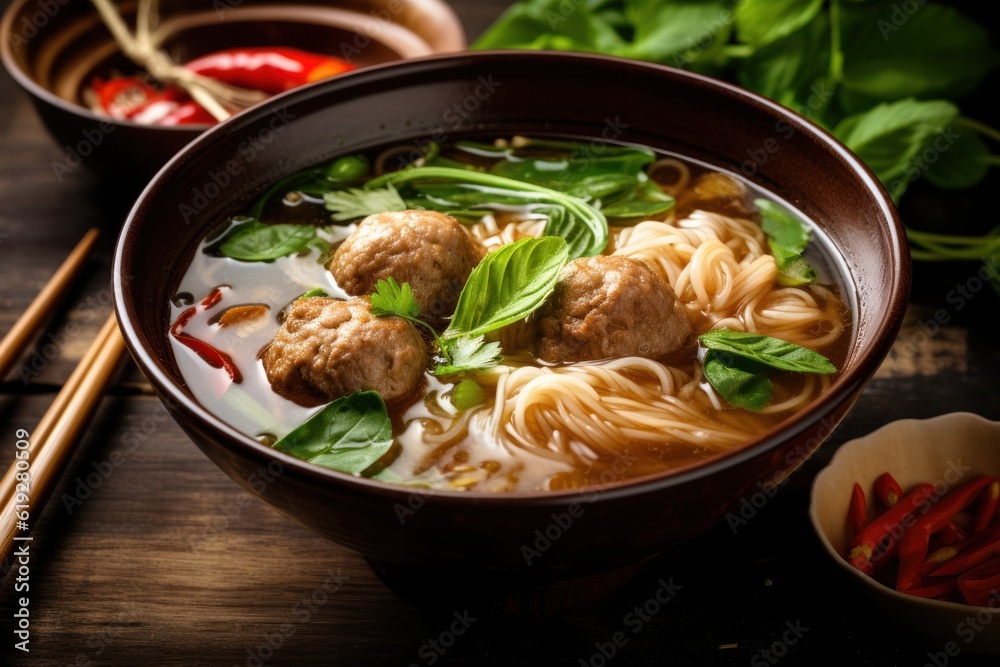 Thai food. Noodle soup with slices of pork, small meatballs and vegetable.