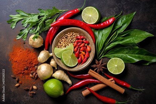 Spicy Thai ingredients in a top view arrangement: chilli, pepper, garlic, nutmeg, and lime leaves.