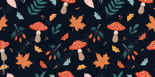 Seamless autumn cozy pattern with leaves, mushrooms, plants on a dark background. Vector illustration