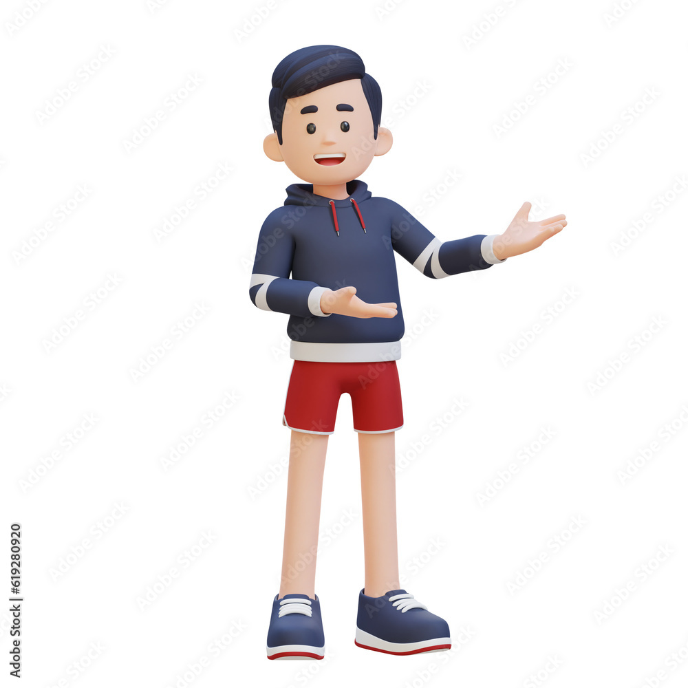 3D Sportsman Character Embracing Confidence with a Dynamic Hand Presentation Pose