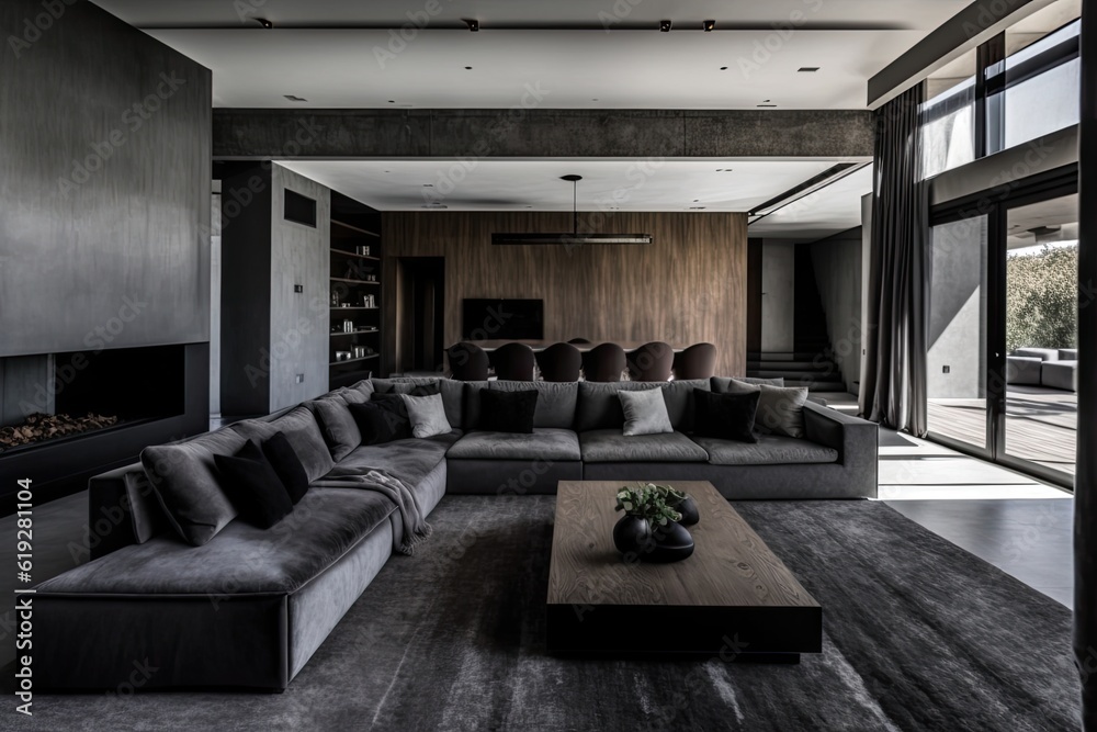 cozy living room with a fireplace, couch and coffee table. Generative AI cozy living room with a fireplace, couch and coffee table. Generative AI