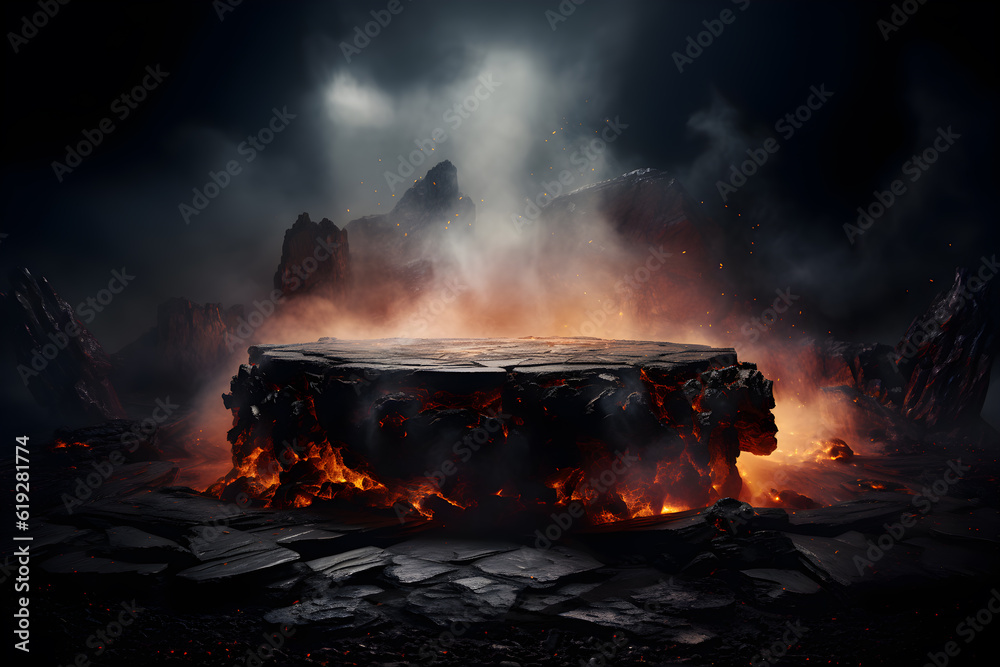 Stone podium. lava erupts rocks smelt, volcano hot magma rock ground, burning coals on sky night black and dark background with fume, dust. Display product advertising in underworld. Generative Ai. - obrazy, fototapety, plakaty 