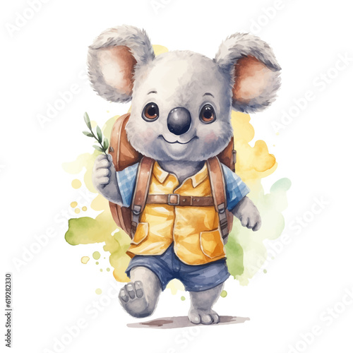 Cute koala student cartoon in watercolor painting style