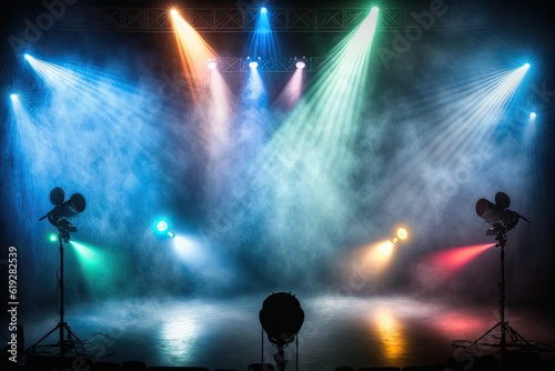 Stage with Colorful Lights and Spotlights on a Dark Backgroun. Generative AI