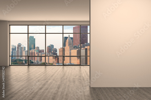 Downtown Chicago City Skyline Buildings Window background. Copy space white wall. Empty room Interior Skyscrapers View. Mockup concept. Sunset. 3d rendering.