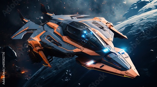 Fototapeta Naklejka Na Ścianę i Meble -  A spaceship traveling at high speed through deep space, surrounded by stars and celestial bodies. Generative AI.