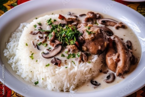 delicious vegetarian dish made with rice and mushrooms on a white plate