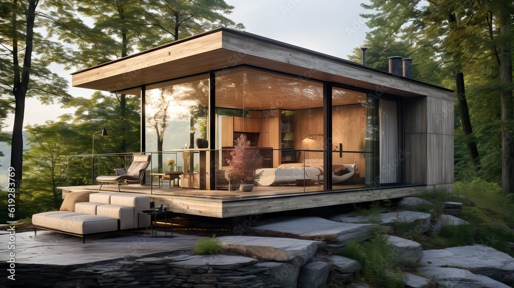 An eco-friendly, minimalist house boasting an excellent design, seamlessly blending with the surrounding environment. Generative AI. An eco-friendly, minimalist house boasting an excellent design, seamlessly blending with the surrounding environment. Generative AI.