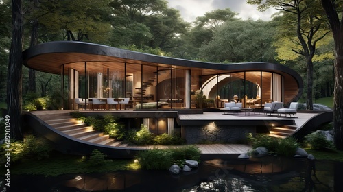 An eco-friendly, minimalist house boasting an excellent design, seamlessly blending with the surrounding environment. Generative AI.
