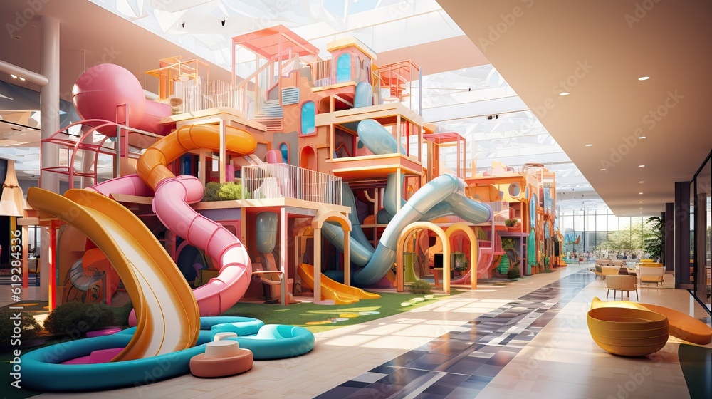 A design for a stay-and-play or after-school fun center for children, full of engaging activities and colorful décor. Generative AI.
