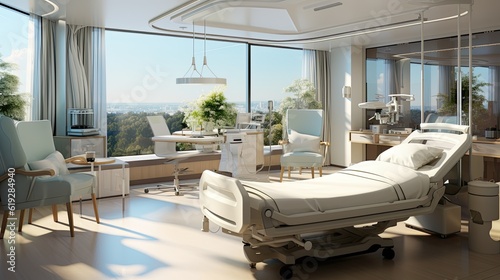 Luxury hospital room with nature view.Hospital room with beds in a modern hospital. © Me studio